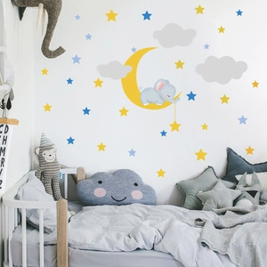 Cartoon elephant sleeping on yellow moon wall stickers with stars for nursery decoration