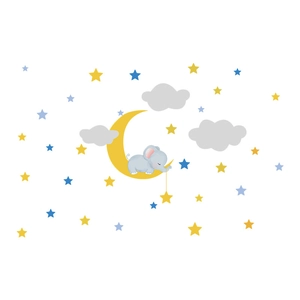 Cartoon elephant sleeping on moon with stars wall sticker for kids bedroom decoration