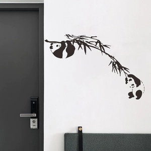 Panda on bamboo branch wall decal in black silhouette style for home wall decor