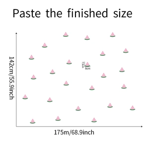 Watermelon wall sticker layout guide showing suggested 175x142cm finished display size