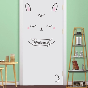 Minimalist cartoon rabbit door sticker with Welcome scroll for kids bedroom decor
