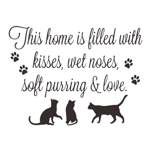 Cute cat wall sticker with 'This home is filled with kisses' quote and paw prints
