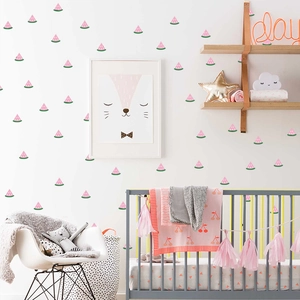 Pink watermelon slice wall decals for kids bedroom decor on a white background
