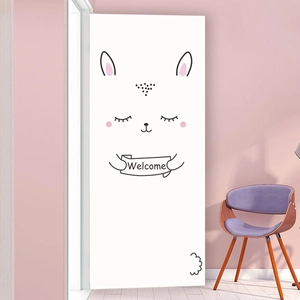 Close-up of a cute cartoon rabbit door sticker with a welcome banner for home decor