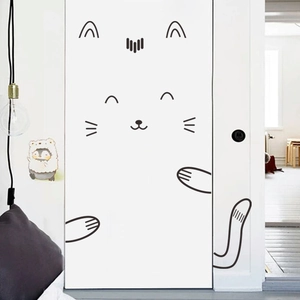 Cute black cat facial features wall sticker on white door for home decoration