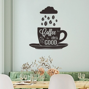 Moderne zwarte koffie muursticker met decoratieve kop en artistiek belettering ontwerp