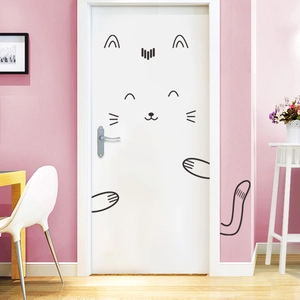 Cute cartoon cat wall decal for bedroom doors, waterproof black PVC decorative sticker