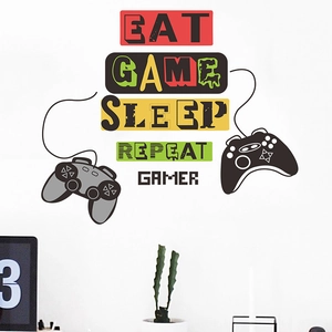 Eat Game Sleep Repeat gamer wall decal with colorful controllers for bedroom decor