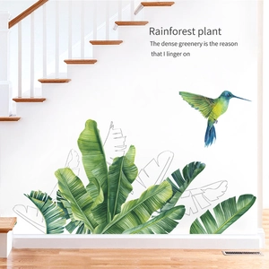 Tropical Rainforest Banana Leaves Hummingbird Wall Sticker PVC Self-Adhesive Wall Decal For Living Room Bedroom Beautification Home Decor