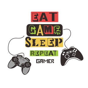 Retro gaming wall sticker featuring Eat Sleep Game Repeat text with colorful gamepads