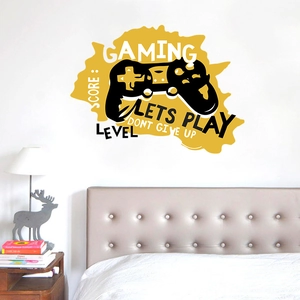 Modern gaming wall decal with black controller and yellow splash design for bedroom decor