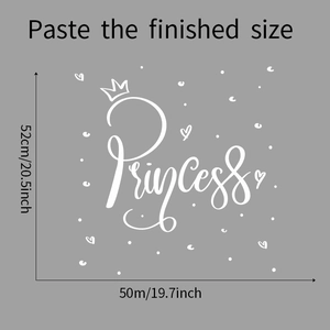 Macro dimension guide for Princess wall decal with crown and heart motifs for bedroom