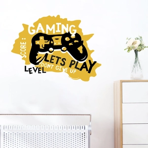 Gamer wall sticker with black gaming controller silhouette and yellow motivational words