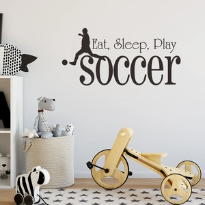 Soccer wall sticker with Eat Sleep Play Soccer slogan and athlete silhouette for decor
