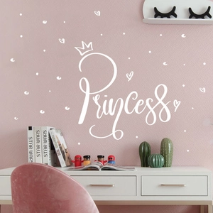 White PRINCESS wall decal with crown and hearts for girls bedroom and nursery wall decor