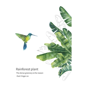 Tropical hummingbird and banana leaf wall decal with watercolor rainforest plants