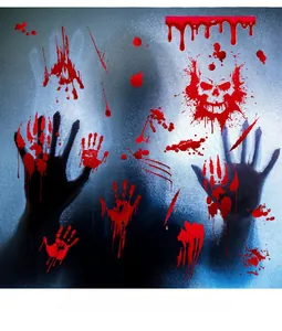 Macro detail of Halloween bloody handprint stickers and skull decals for window decor