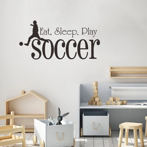 Creative soccer wall sticker featuring athlete silhouette and Eat Sleep Play text for bedroom