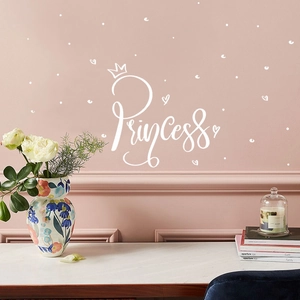 White Princess wall sticker with crown and heart decals for girls' bedroom decor