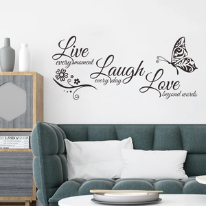 Inspirational Quote Wall Sticker Live Laugh Love Butterfly Floral PVC Decal For Bedroom Living Room Home Decor Black