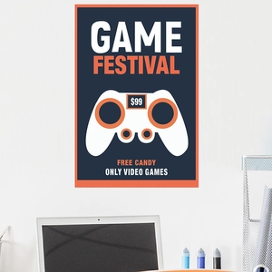Blue game festival poster featuring a white controller icon on a minimalist white bedroom wall