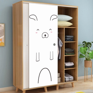 Cartoon animal sliding door wardrobe with natural wood grain and interior storage layers