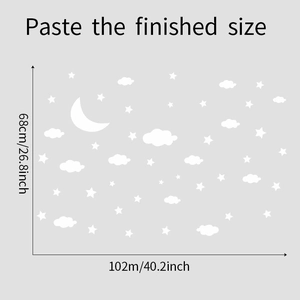 Size chart for moon, stars and clouds wall stickers with dimensions 102cm by 68cm