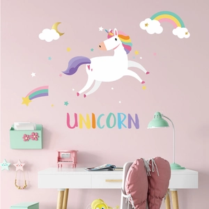 Stickers muraux licorne arc-en-ciel avec nuages colorés pour décoration chambre d'enfant