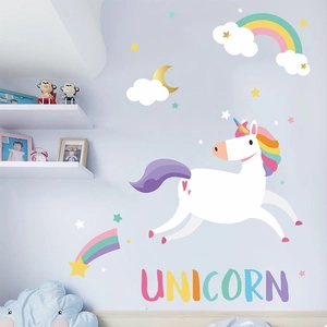 Stickers muraux licorne arc-en-ciel pour chambre d'enfant avec nuages lune et étoiles