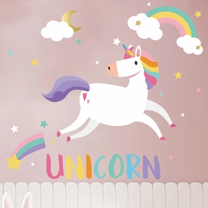 Stickers Muraux Licorne Arc-en-Ciel Dessin Animé Pour Chambre Enfants PVC Amovible Lune Étoile Nuages Décalcomanies Murales
