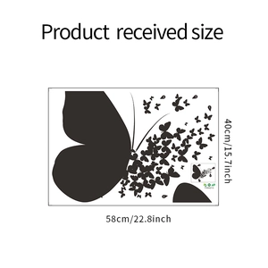 Detail view of black butterfly wall sticker showing sheet size of 58cm by 40cm dimensions