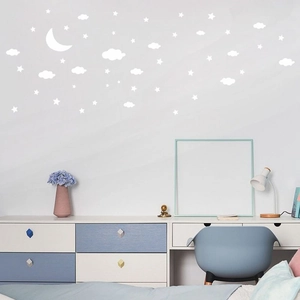 White moon and stars wall sticker set for nursery bedroom wall decor on grey background