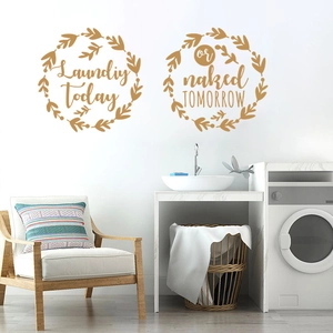 Stickers muraux dorés pour buanderie avec feuilles décoratives et citations d'humour