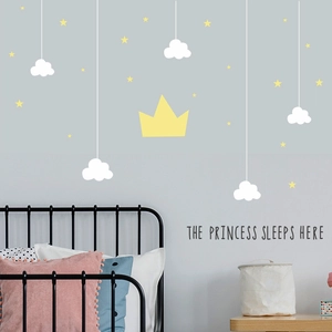 Star cloud crown wall decals with The Princess Sleeps Here slogan for bedroom decor