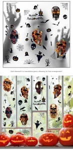 DIY Halloween static window decals showing skull, pumpkin and bat elements for glass decor
