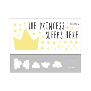 Close-up of star, cloud, and crown wall stickers with The Princess Sleeps Here text