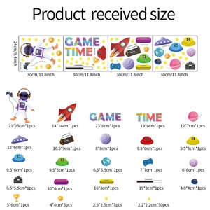 Luminous astronaut and planet game time wall stickers layout with dimensions details