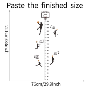 Detailed dimensions of basketball height growth chart wall sticker showing 211cm x 76cm size