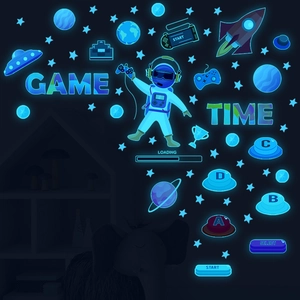 Luminous game time astronaut wall stickers with glow in the dark planets and stars