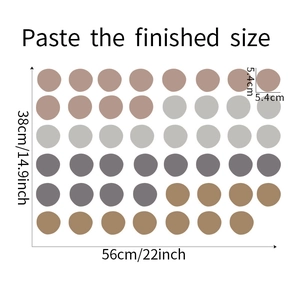 Detailed size chart showing 42 Morandi round wall stickers in earth tones for home decor
