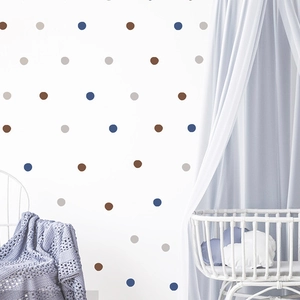 Morandi blue and grey circle wall decals applied in a cozy nursery room setting