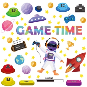 Detailed close-up of luminous astronaut and game controller wall decals on white background