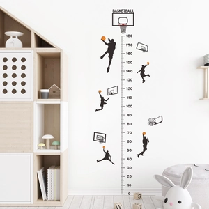 Basketball heights chart wall sticker featuring black silhouettes and orange ball accents
