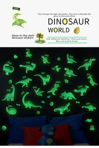 Luminous dinosaur wall sticker set with glowing pterosaurs and T-rex in dark bedroom