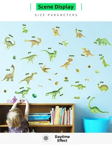 Daytime effect of colorful dinosaur wall decals set on a light blue wall in a kids room