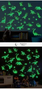 Luminous dinosaur wall decals showing green fluorescent glow in a dark kid's bedroom