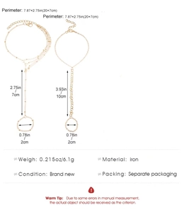 Detail of gold boho slave bracelets with iron chain measurements and material specs
