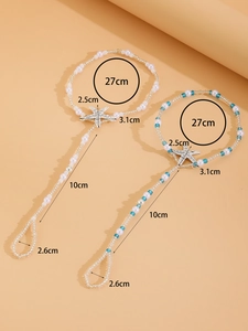 Detailed view of beaded starfish toe rings with size labels showing 27cm ankle circumference