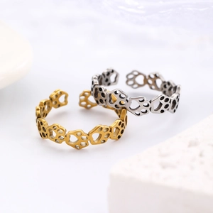 Polished stainless steel adjustable open rings with cute hollow cat paw print design