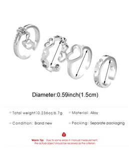 Detail specifications for four silver hollow heart rings set in alloy with 1.5cm diameter